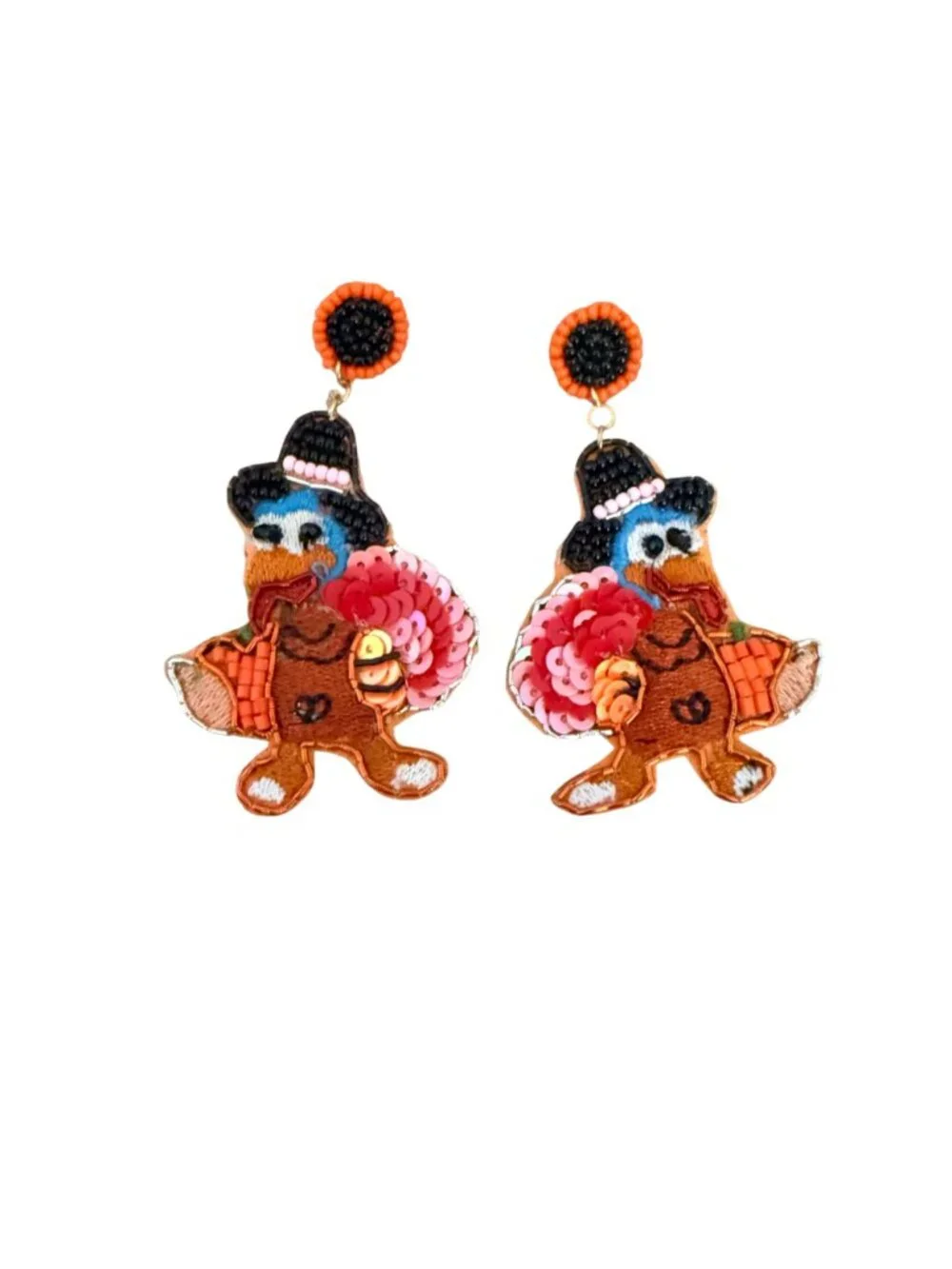 Artisan Handmade Thanksgiving Turkey Earrings Seed Beaded Fall Statement Dangle